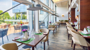 Balcony of modern restaurant. Part of hotel.