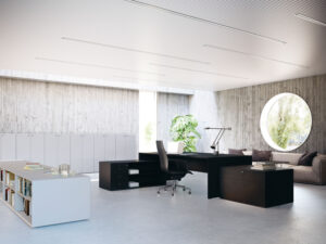 Employee working station composed by modular desks and chair by fantoni