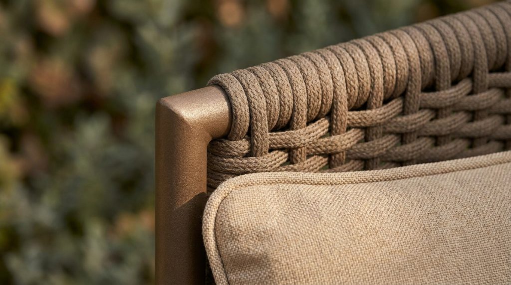 How to Choose Outdoor Furniture That Survives the UAE Climate 1 Close up of a powder coated aluminium frame and technical rope weave