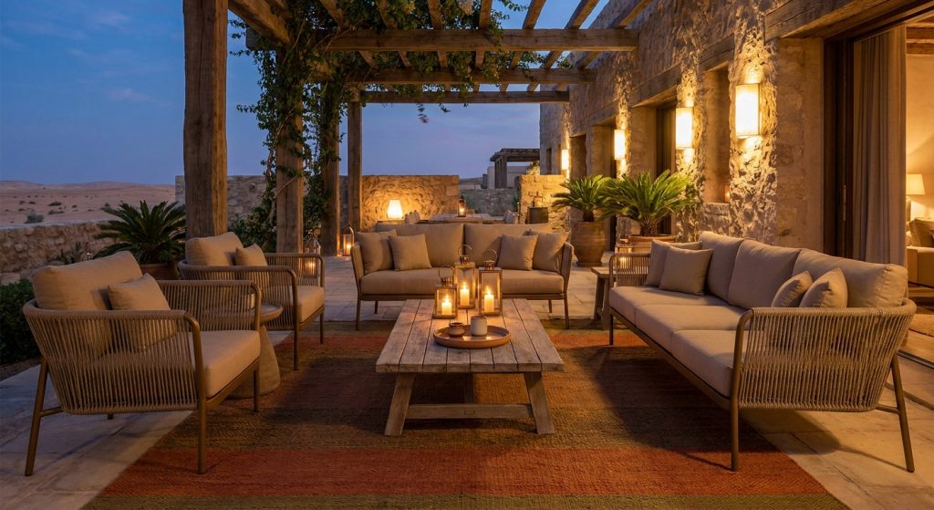 How to Choose Outdoor Furniture That Survives the UAE Climate 3 Shaded majlis style terrace lounge at dusk with rope woven seating