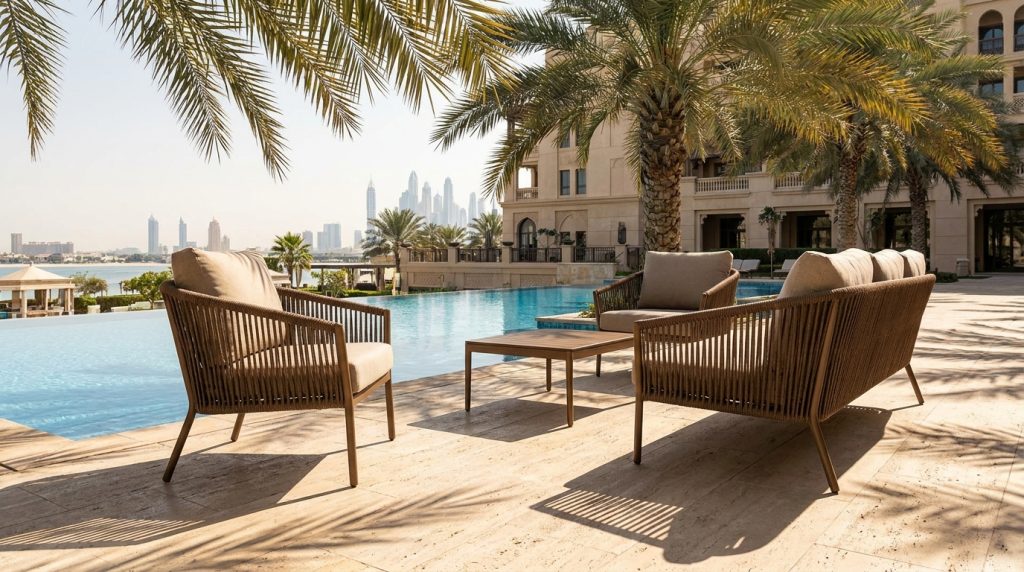How to Choose Outdoor Furniture That Survives the UAE Climate 2 Woven armchairs beside a luxury hotel pool under strong Gulf sun